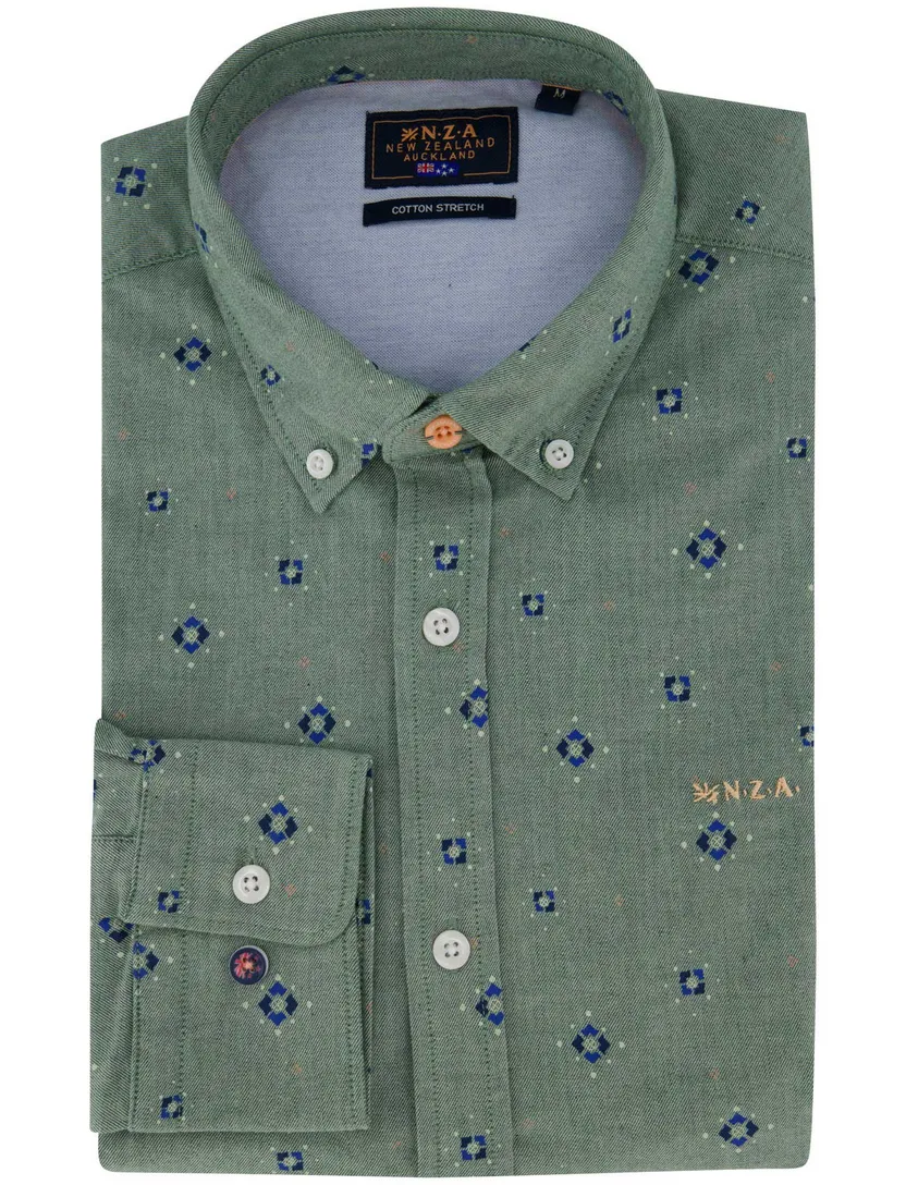 New Zealand Auckland cotton stretch overhemd groen geprint patroon