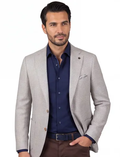 Carl Gross Beige geruit colbert Carl Gross Sander linnen