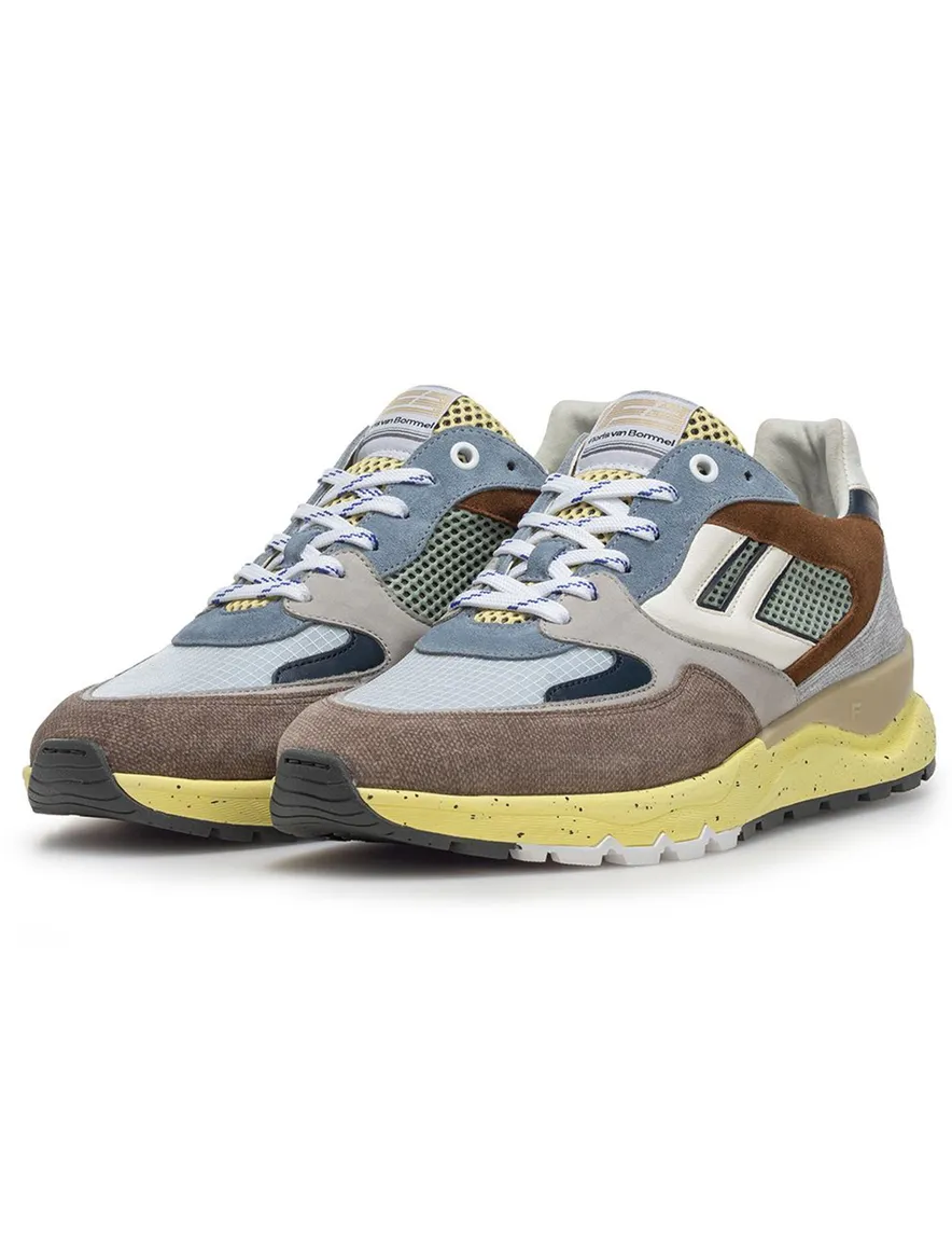 Blauw beige Van Bommel sneaker suède met witte details