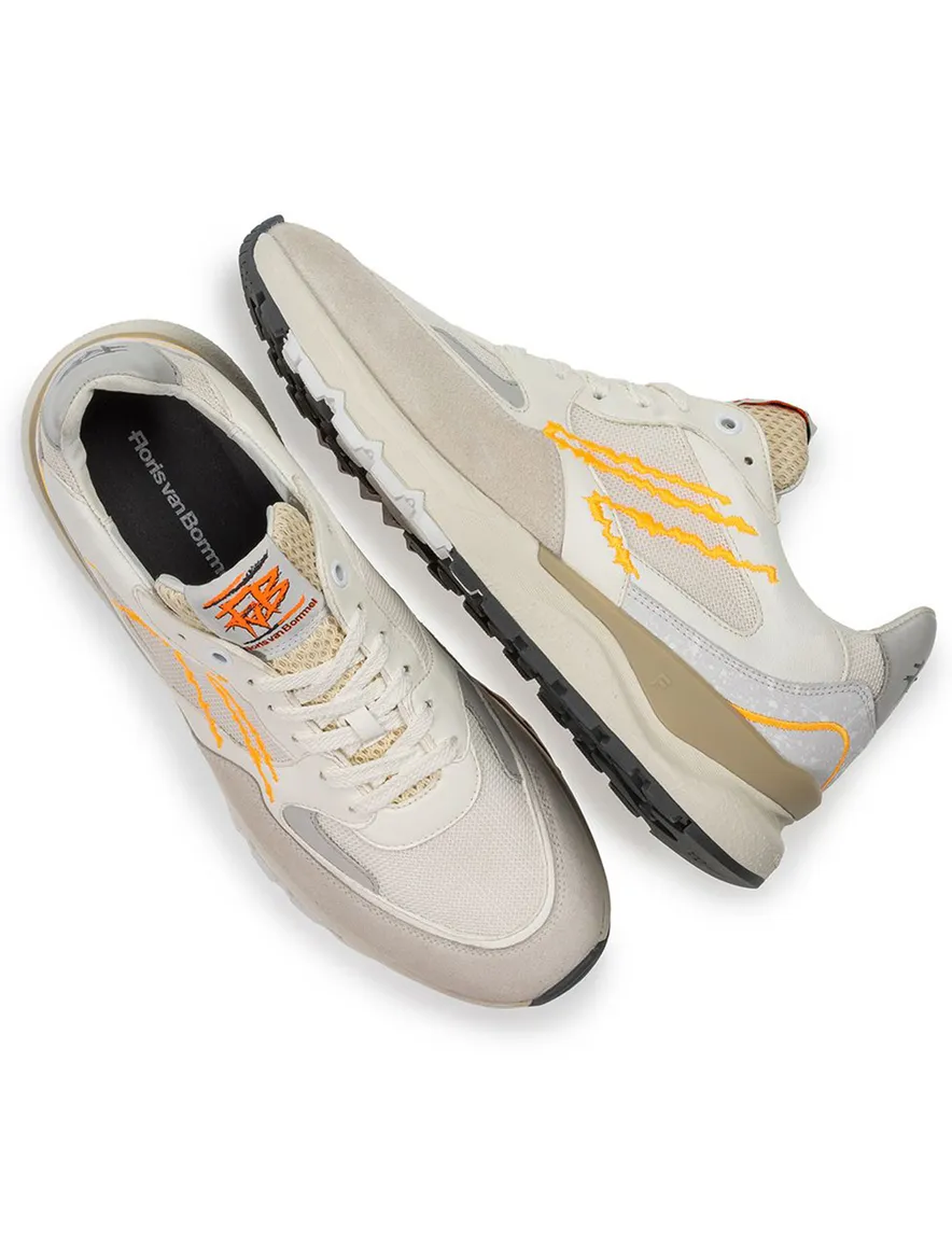 Sneaker Van Bommel wit beige oranje leer geprint