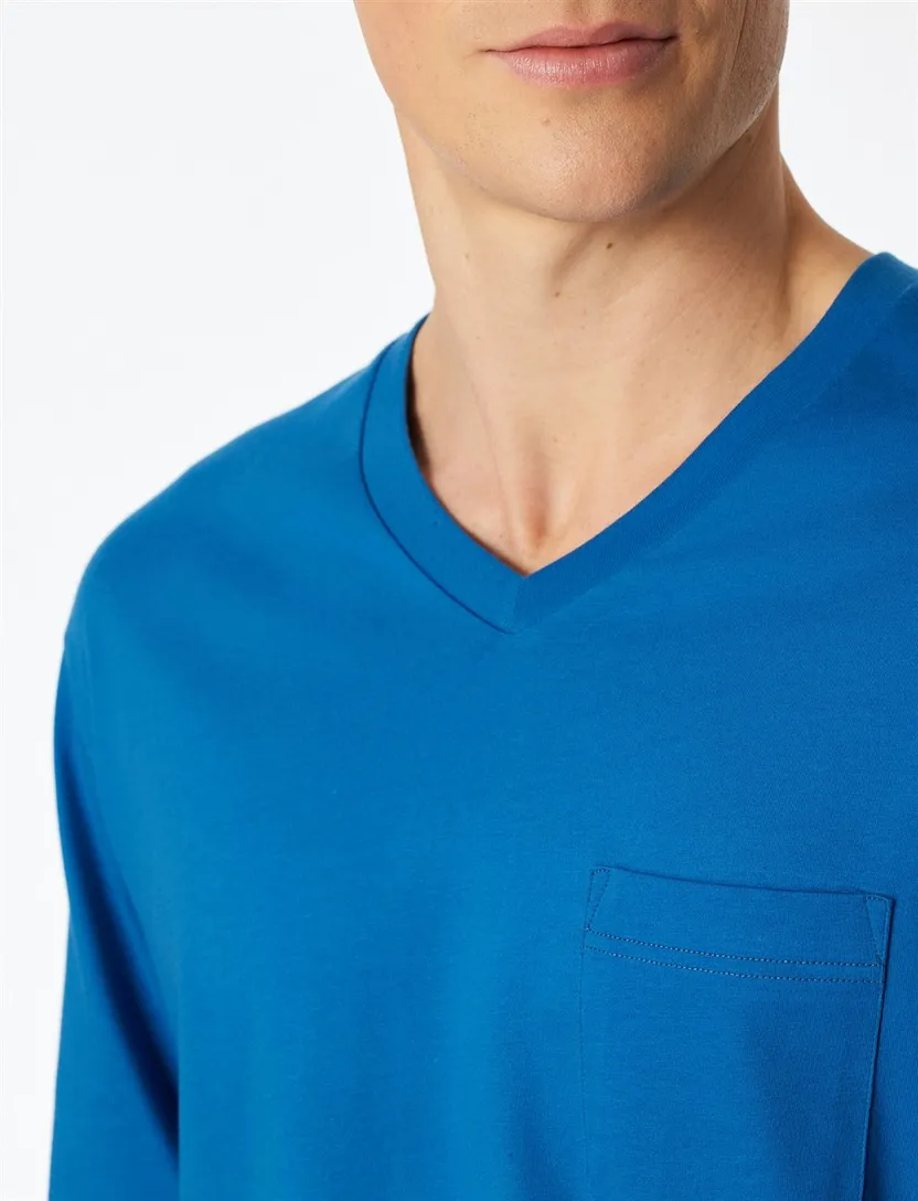 Katoenen Schiesser pyjama blauw geprint borstzak