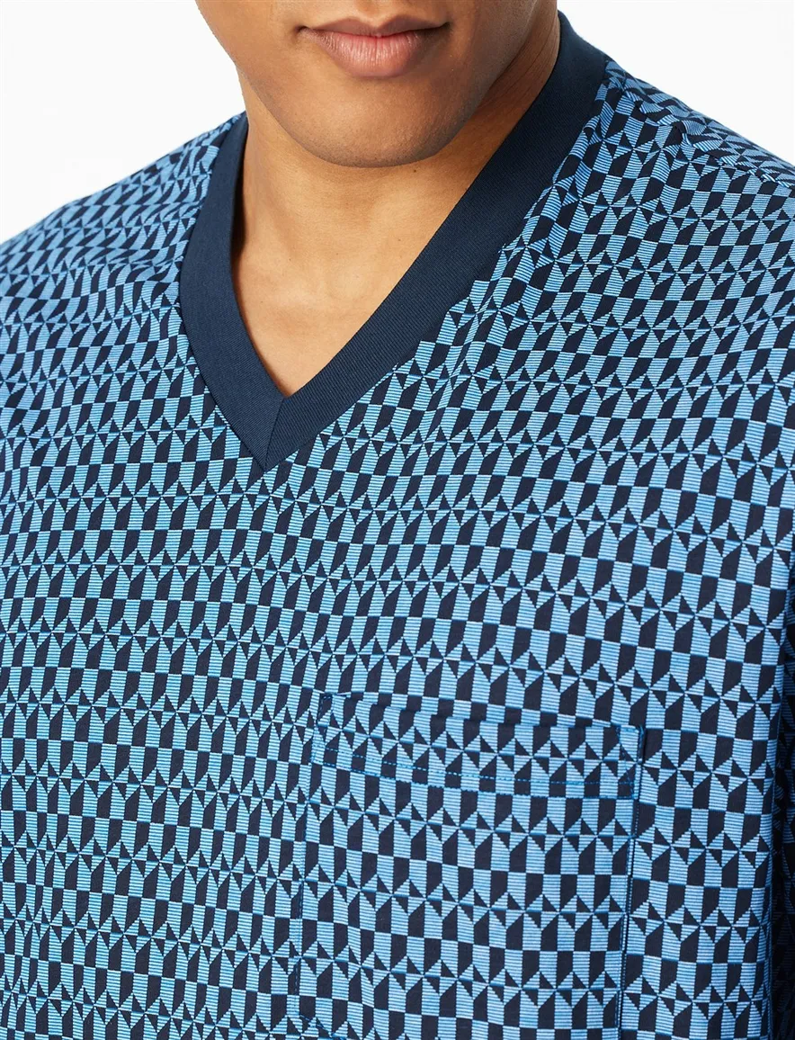 Schiesser lange pyjama blauw met print en v hals