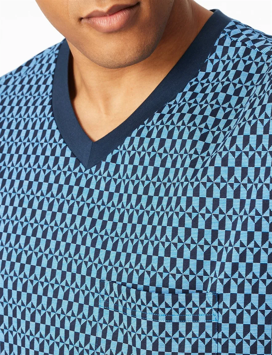 Schiesser Comfort Nightwear nachthemd blauw geprint v hals