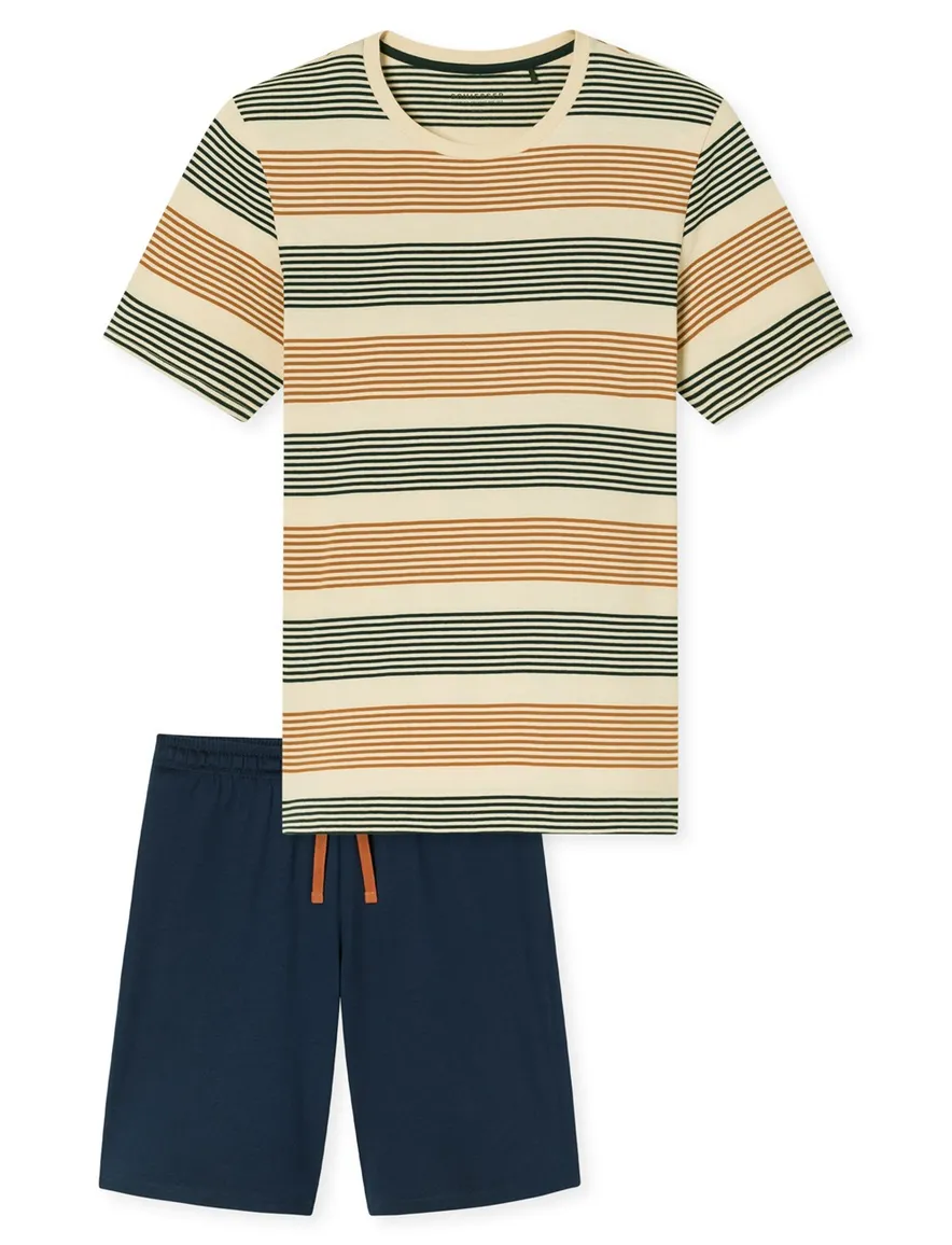 Schiesser shortama normale fit blauw oranje gestreept