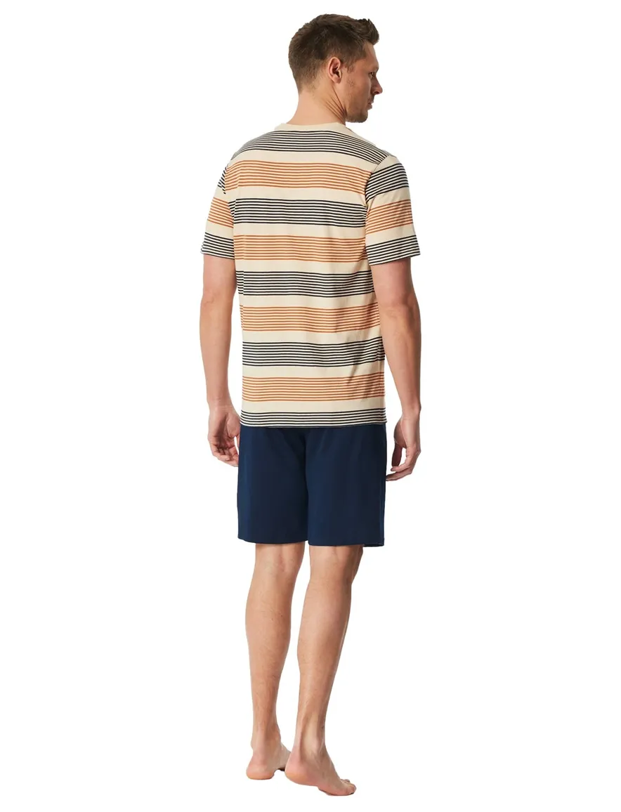 Schiesser shortama normale fit blauw oranje gestreept