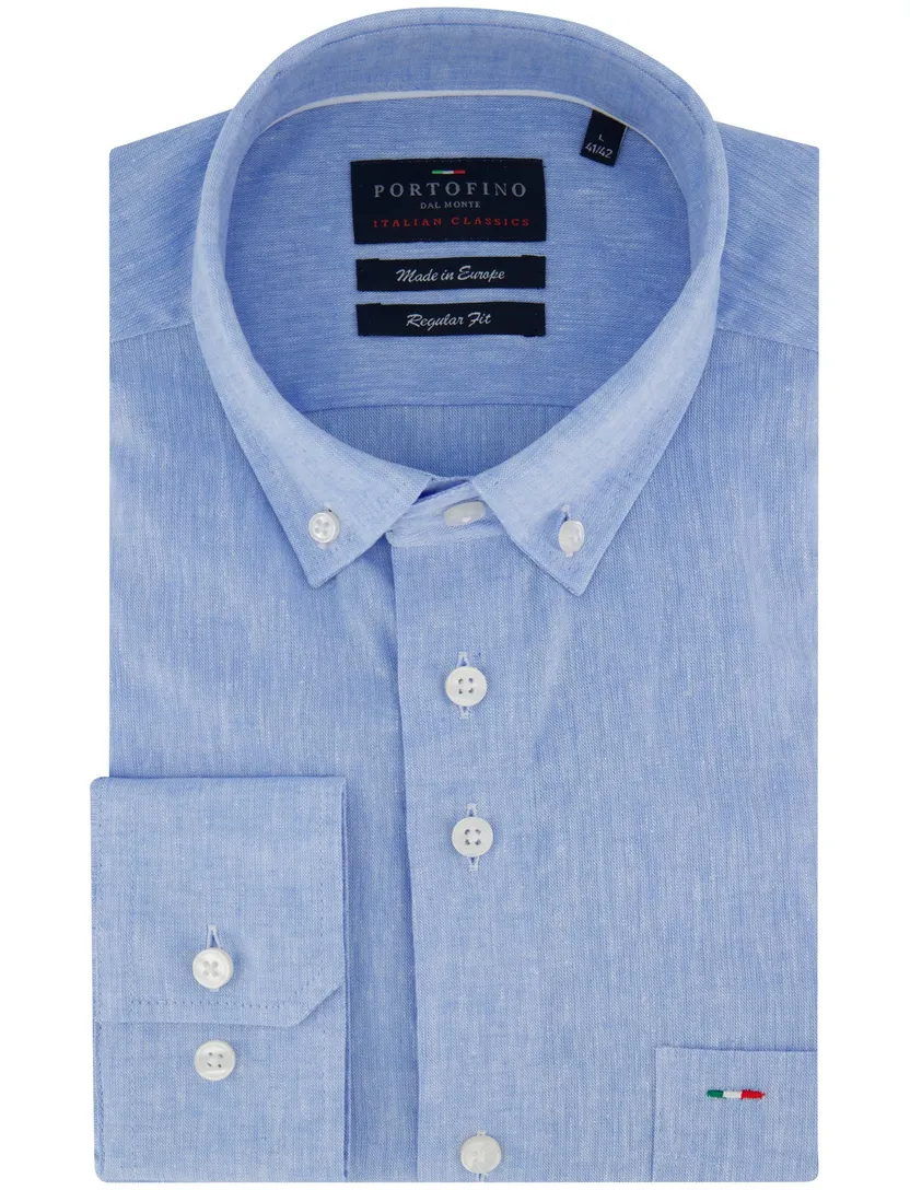 Portofino overhemd button down lichtblauw linnen Regular Fit
