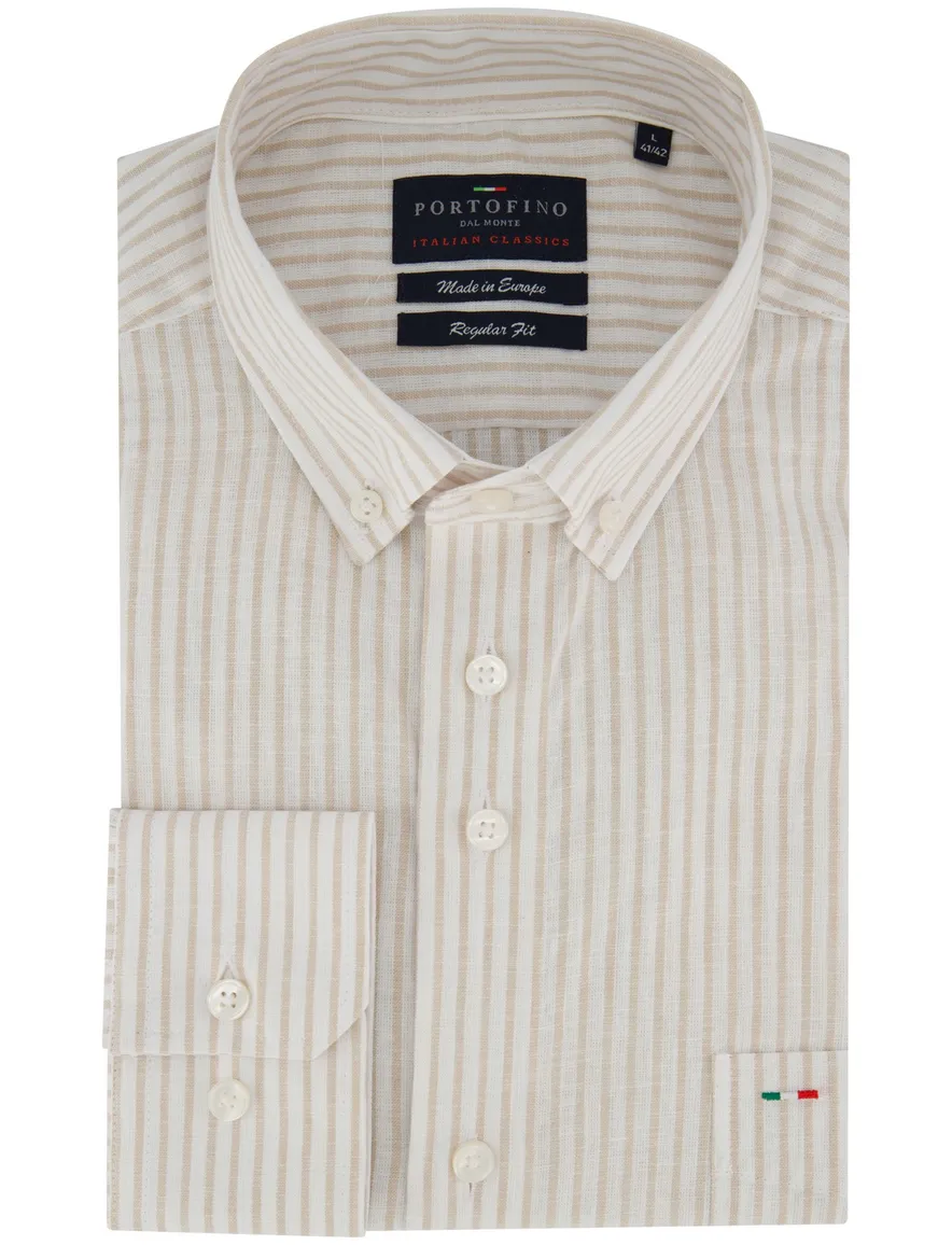 Portofino linnen overhemd beige gestreept Regular Fit