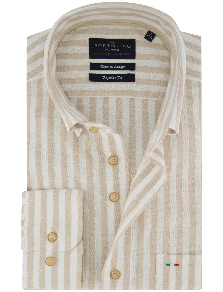 Portofino Regular Fit overhemd lange mouw beige streep linnen