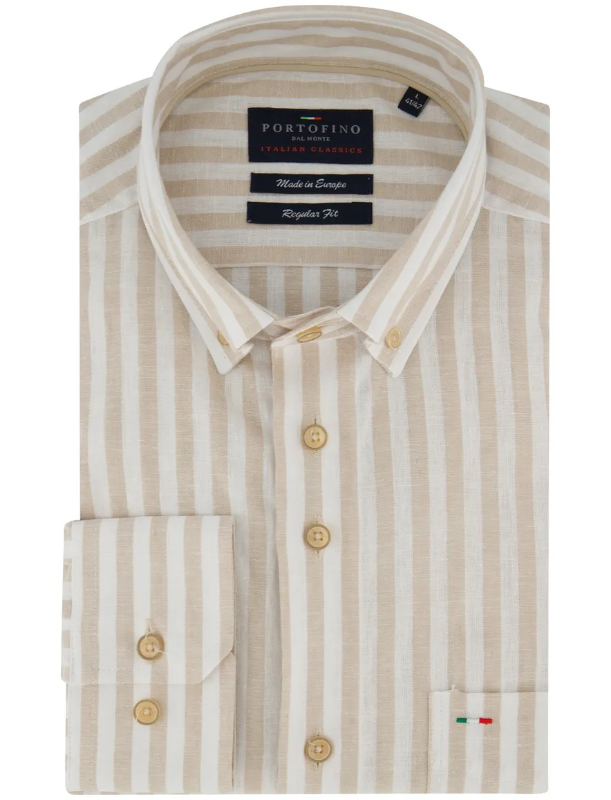 Portofino Regular Fit overhemd lange mouw beige streep linnen