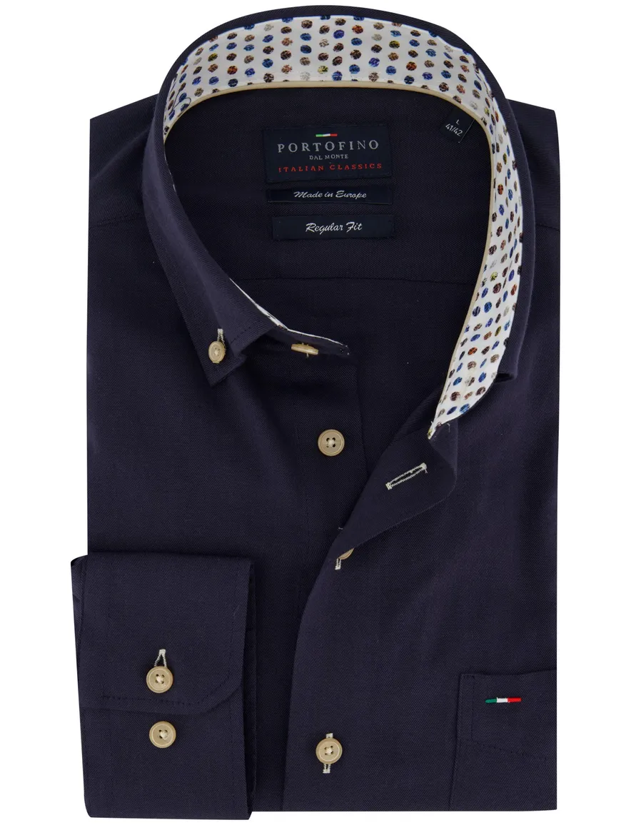 Donkerblauw overhemd Portofino button down boord zijde