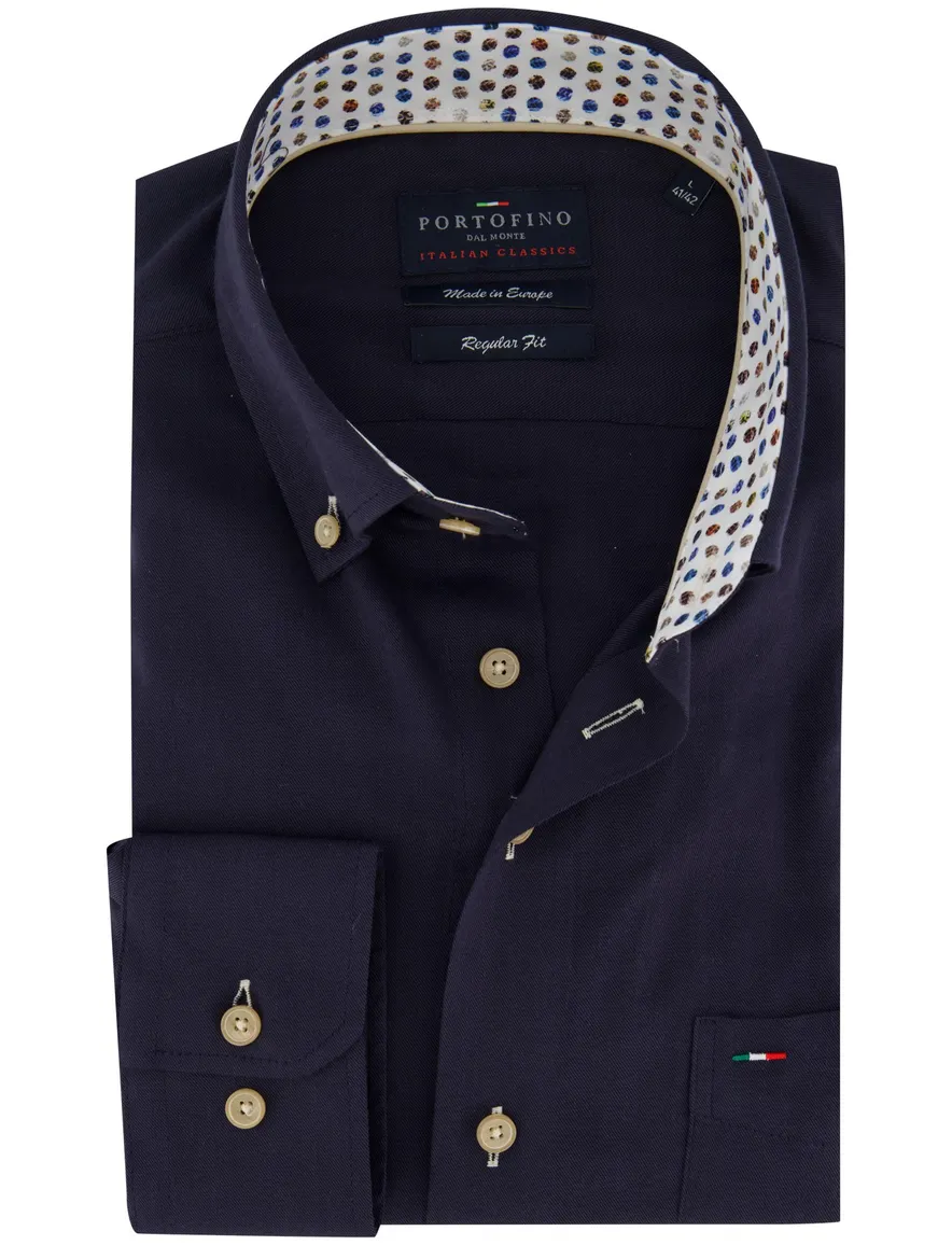 Donkerblauw overhemd Portofino button down boord zijde