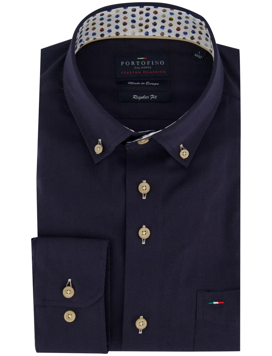 Donkerblauw overhemd Portofino button down boord zijde