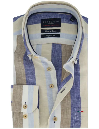 Portofino Portofino overhemd Regular Fit blauw & beige streep button-down