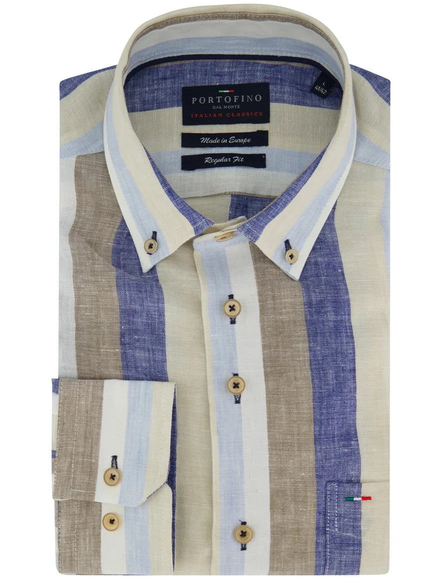 Portofino overhemd Regular Fit blauw & beige streep button-down