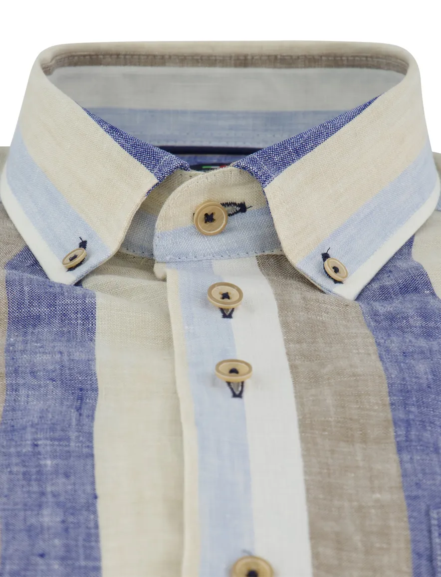 Portofino overhemd Regular Fit blauw & beige streep button-down