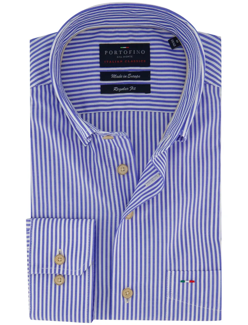Overhemd blauw gestreept Portofino enkele borstzak casual