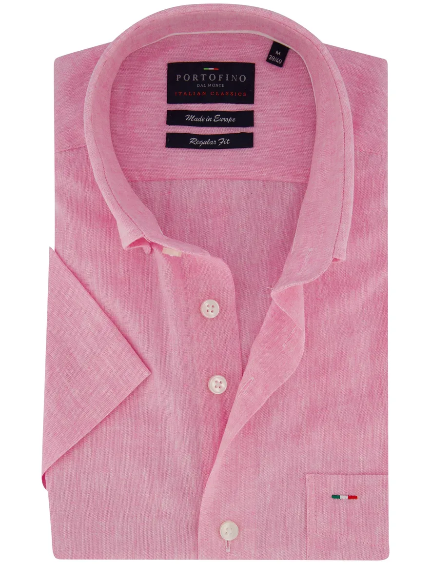 Portofino overhemd kort mouw roze linnen button-down collar