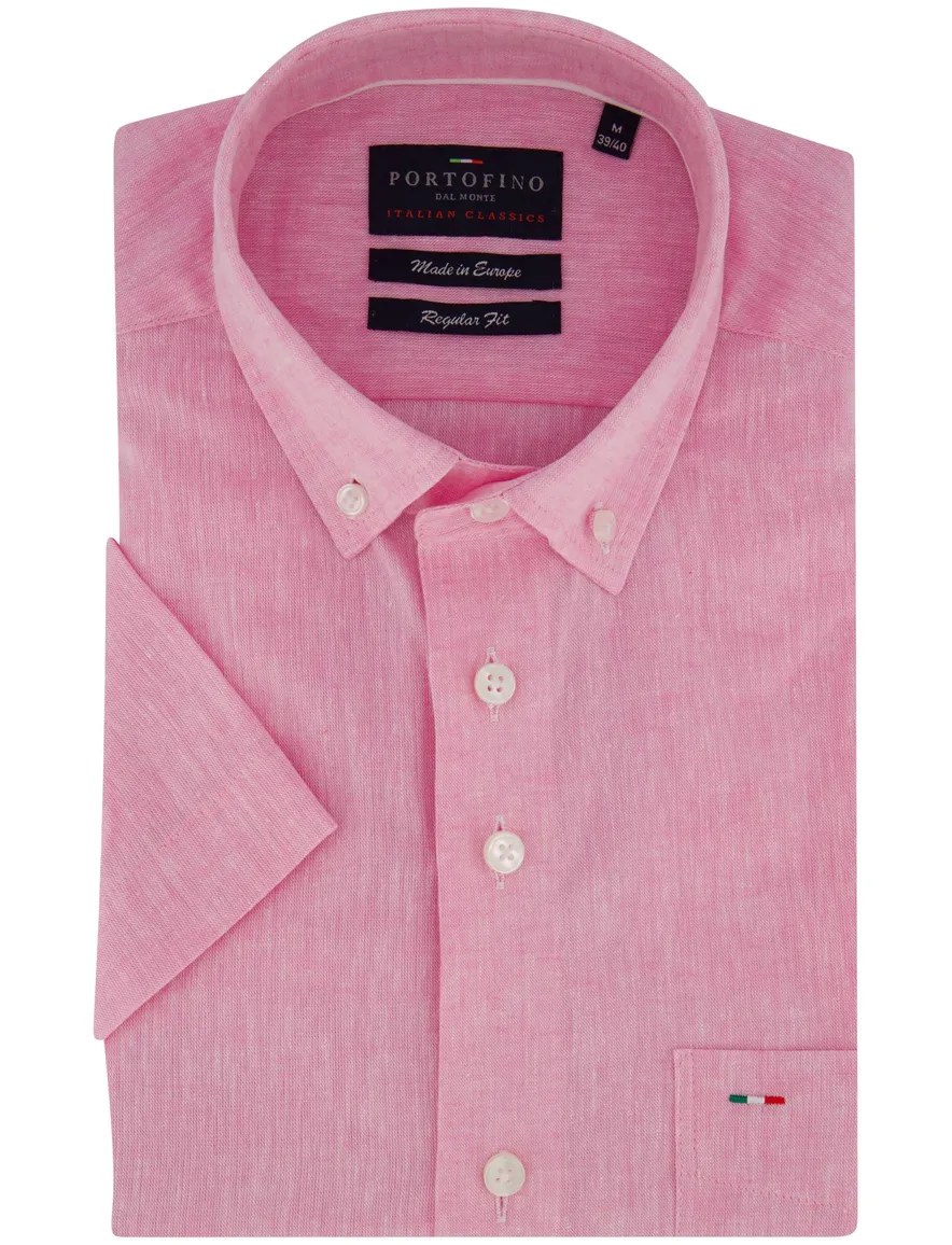 Portofino overhemd kort mouw roze linnen button-down collar