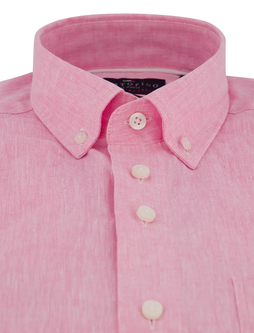 Portofino overhemd kort mouw roze linnen button-down collar