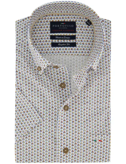 Portofino Portofino overhemd katoen print bruin driekhoek korte mouw