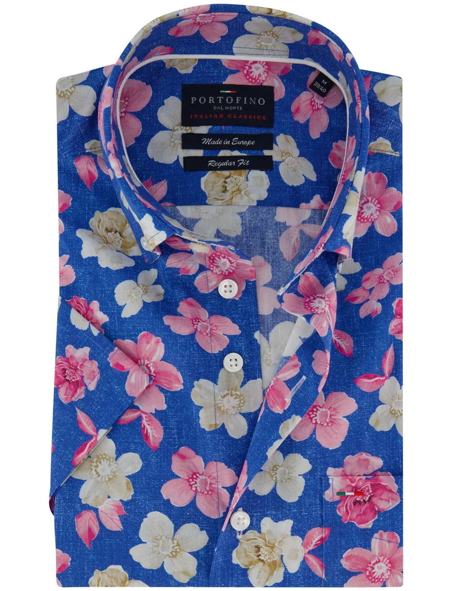Portofino overhemd blauw bloemenprint korte mouw