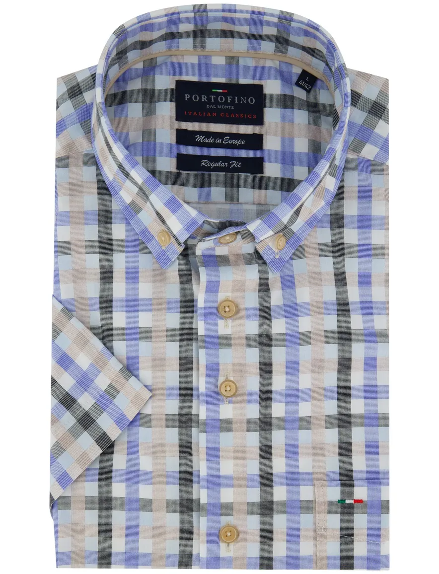 Portofino overhemd blauw geruit Regular Fit