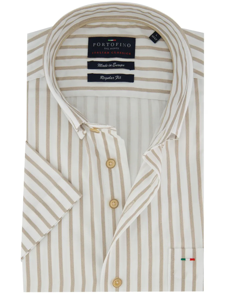 Portofino regular fit overhemd beige gestreept korte mouwen