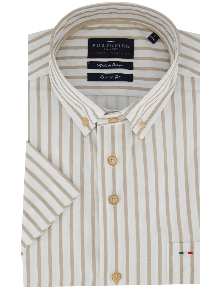 Portofino regular fit overhemd beige gestreept korte mouwen