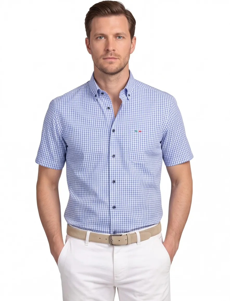Portofino overhemd blauw geruit korte mouw