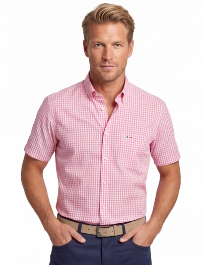 Portofino Overhemd korte mouw geruit Portofino Regular Fit roze