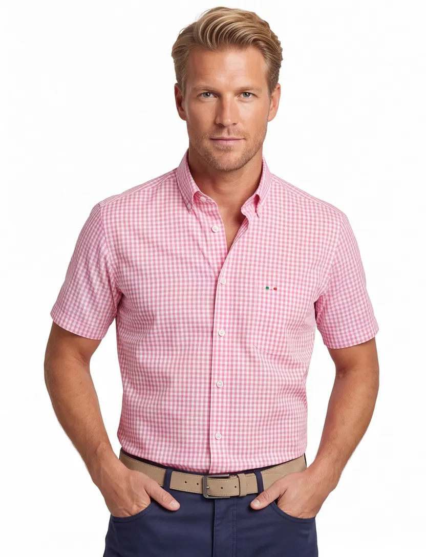 Overhemd korte mouw geruit Portofino Regular Fit roze