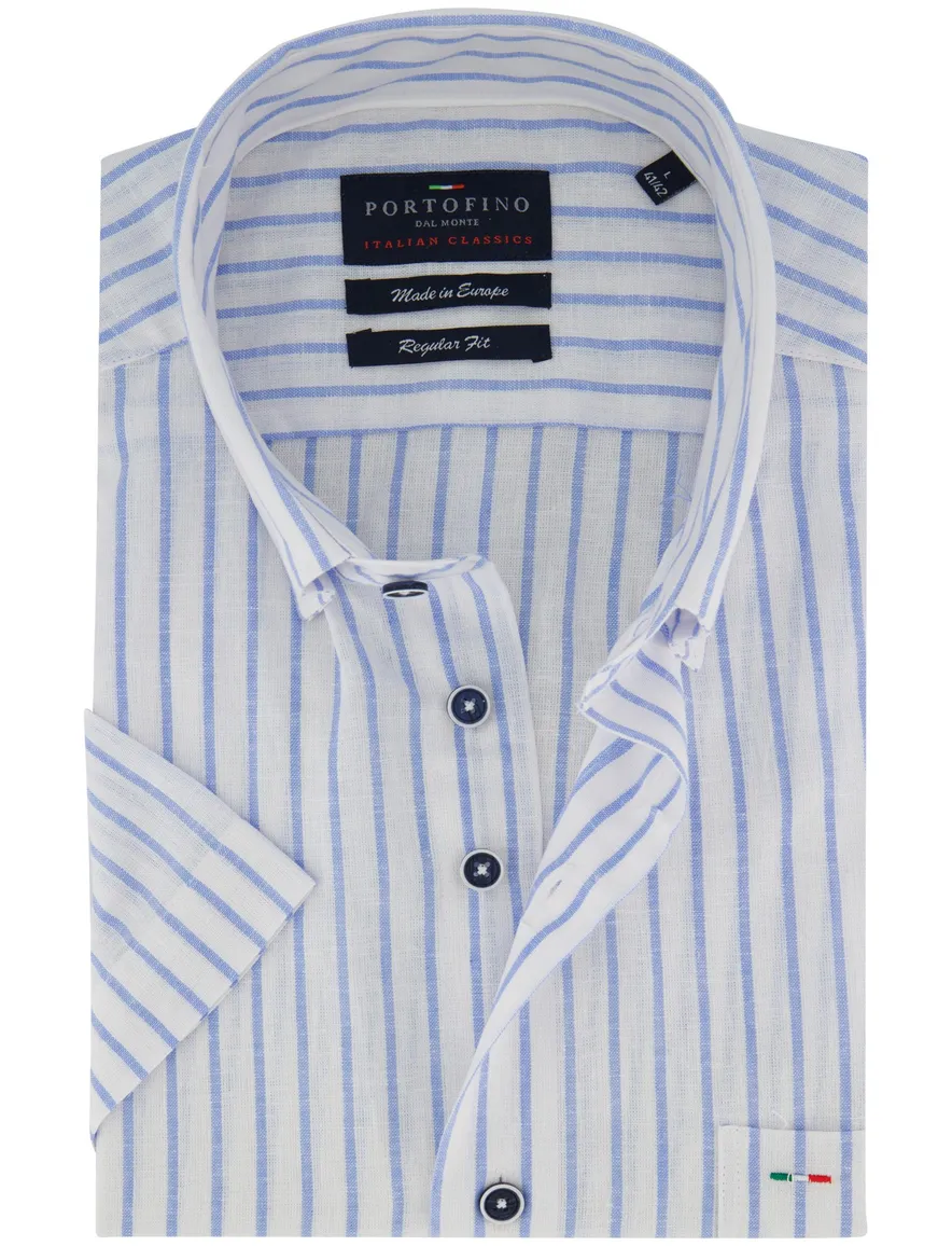 Portofino overhemd linnen gestreept korte mouw blauw Regular Fit