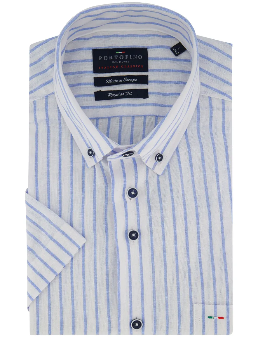 Portofino overhemd linnen gestreept korte mouw blauw Regular Fit