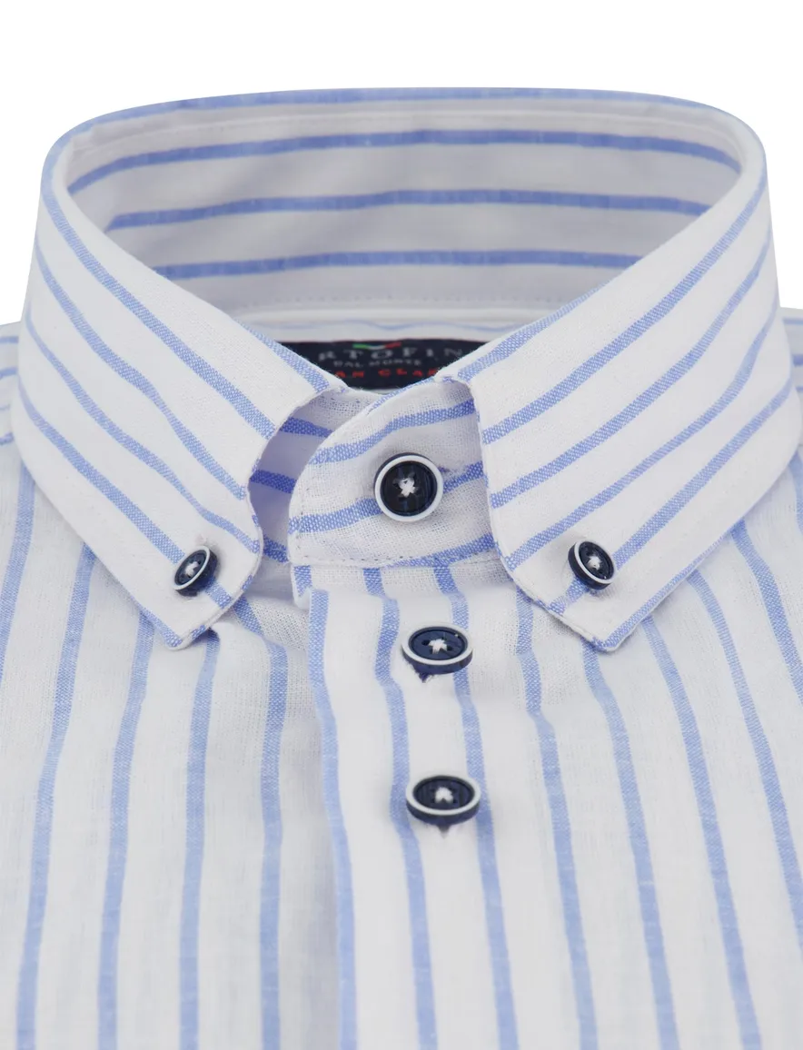 Portofino overhemd linnen gestreept korte mouw blauw Regular Fit