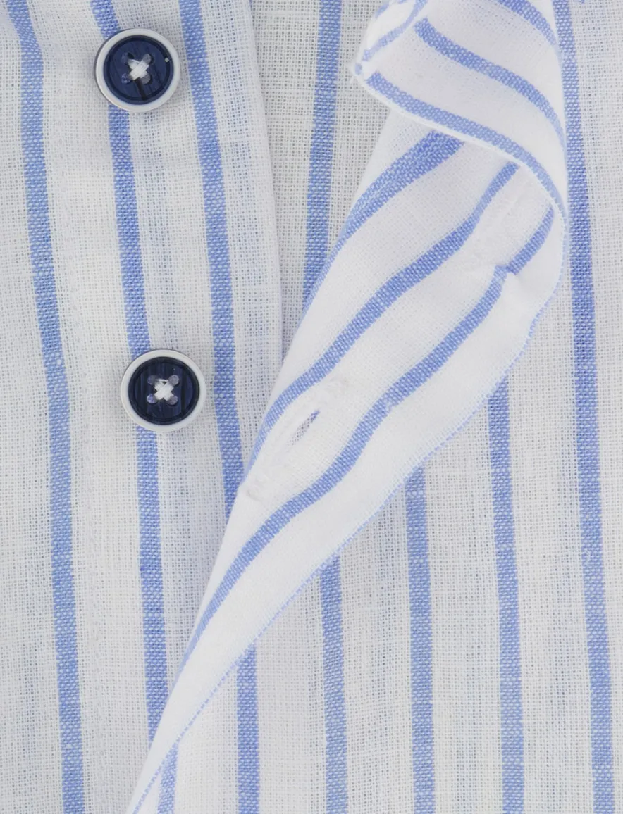 Portofino overhemd linnen gestreept korte mouw blauw Regular Fit