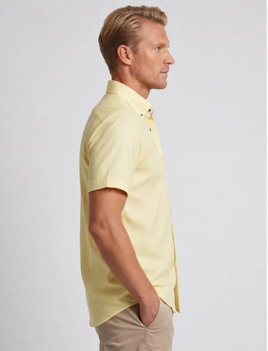 Overhemd korte mouw Portofino geel borstzak button-down