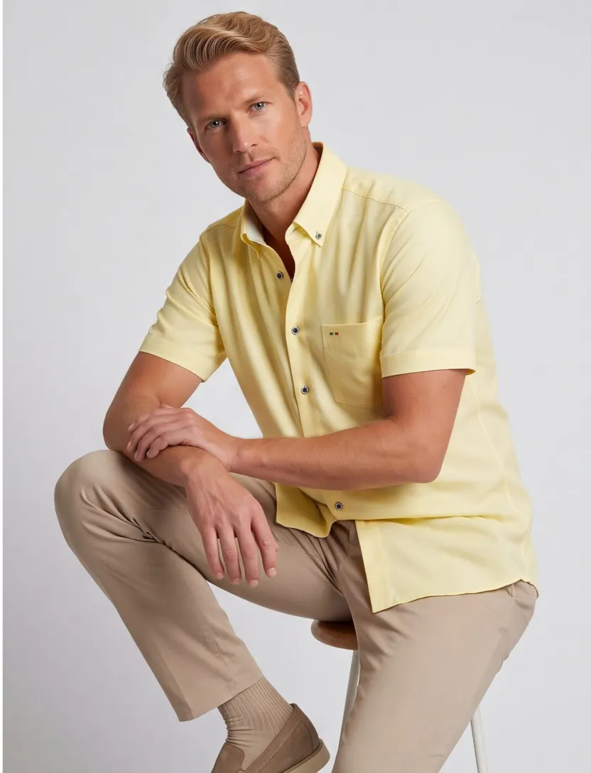 Frisse tint geel Portofino overhemd korte mouw Regular Fit