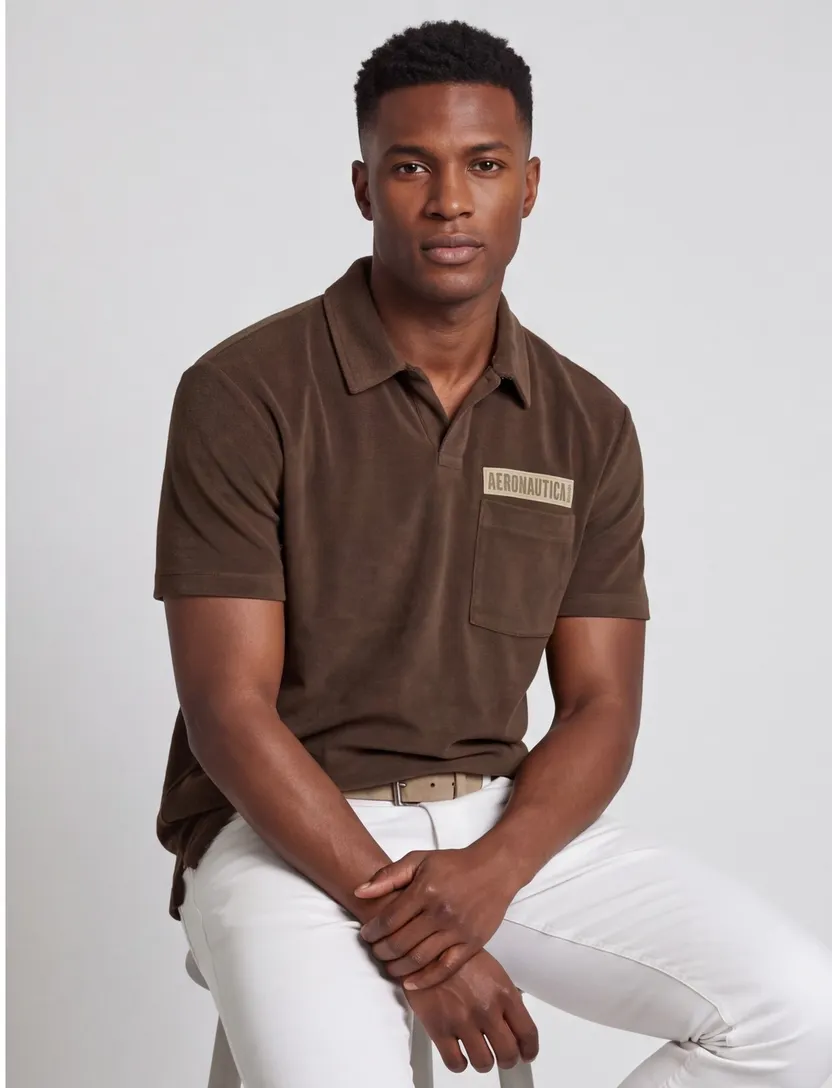 Poloshirt Aeronautica Militaire badstof bruin v hals