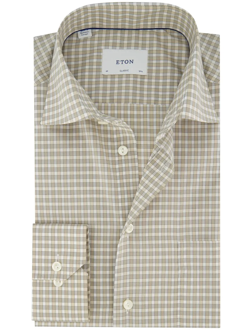beige overhemd geruit semi-wide spread boord Classic Fit