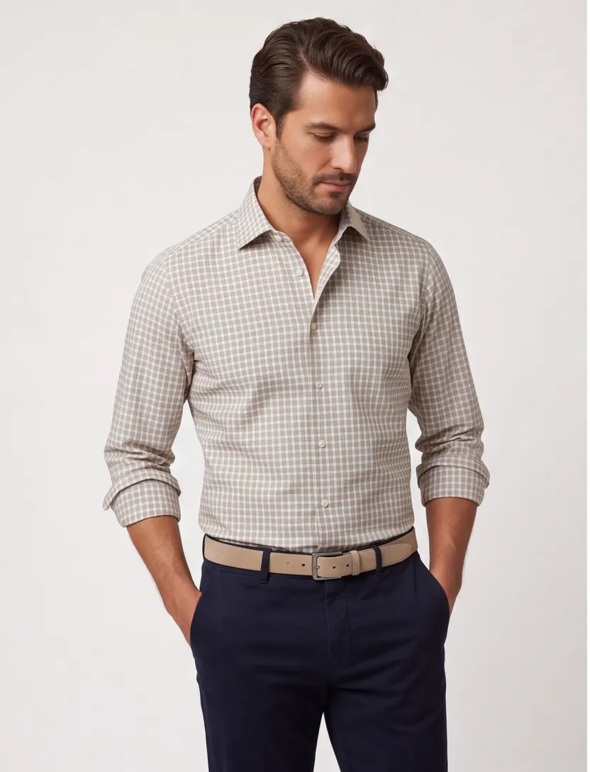 beige overhemd geruit semi-wide spread boord Classic Fit