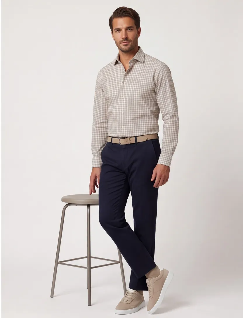 beige overhemd geruit semi-wide spread boord Classic Fit