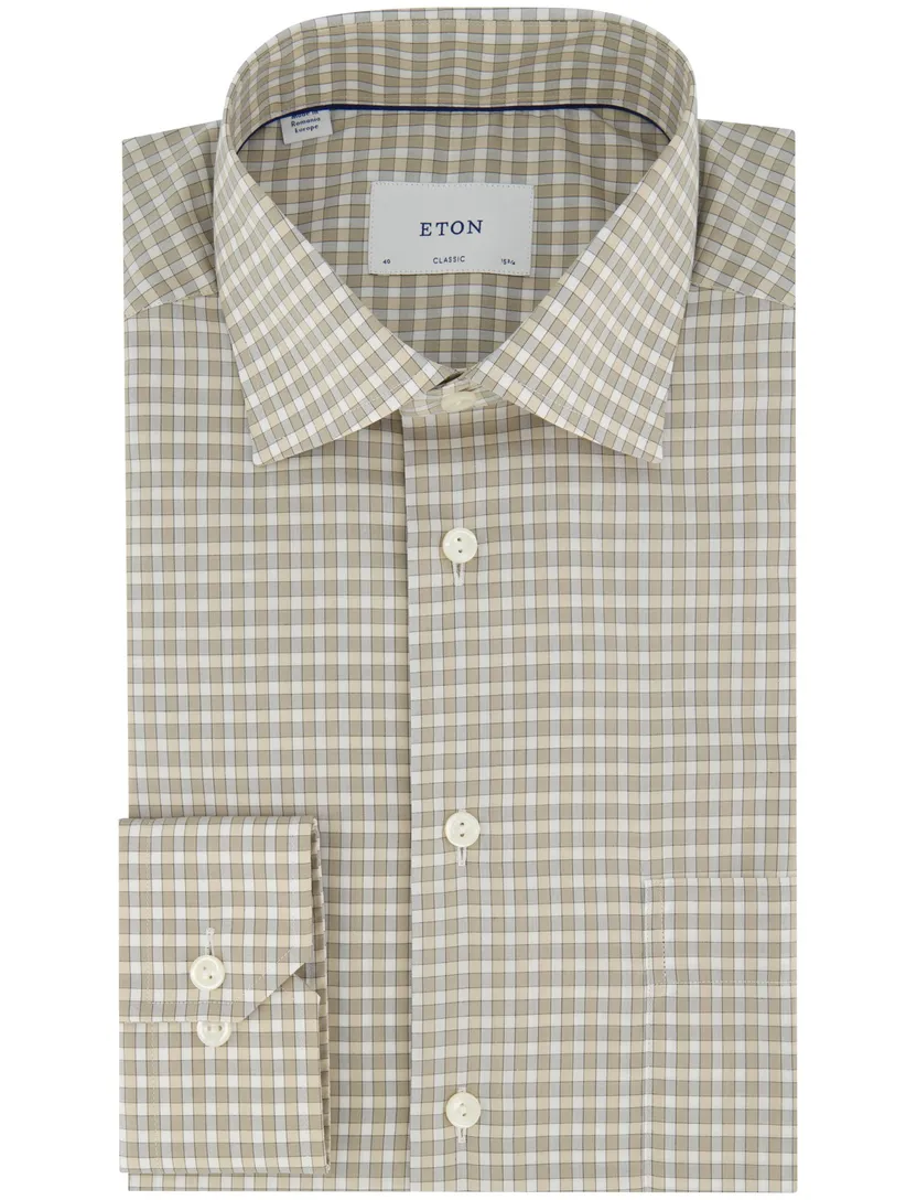 beige overhemd geruit semi-wide spread boord Classic Fit