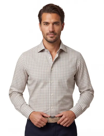 Eton beige overhemd geruit semi-wide spread boord Classic Fit