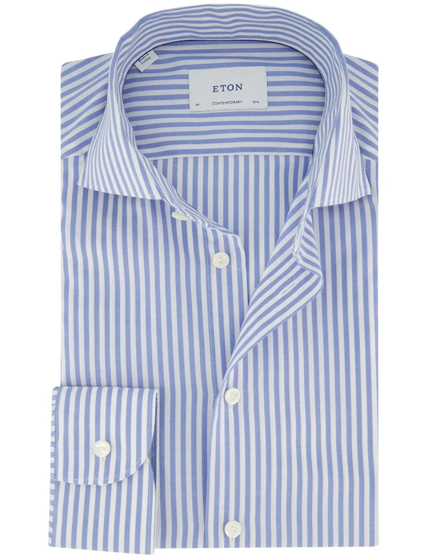 Contemporary fit overhemd wide collar katoen Eton blauwe strepen