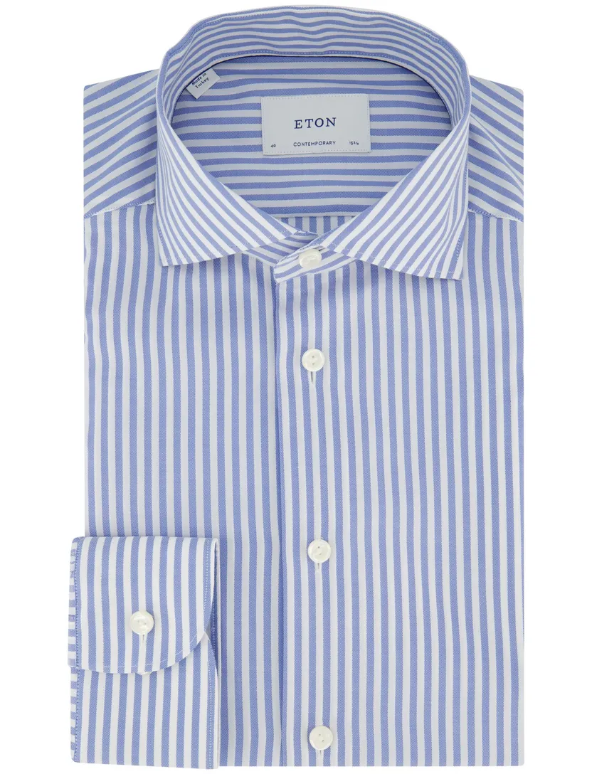 Contemporary fit overhemd wide collar katoen Eton blauwe strepen