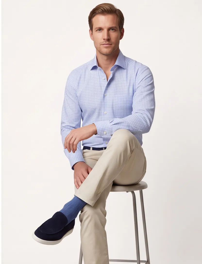 Eton shirt lichtblauw ruit wit classic fit met borstzak