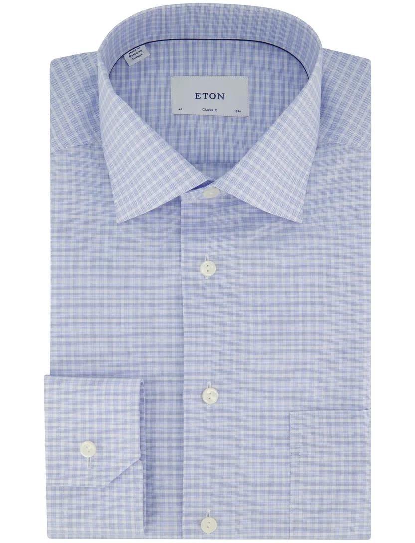 Eton shirt lichtblauw ruit wit classic fit met borstzak