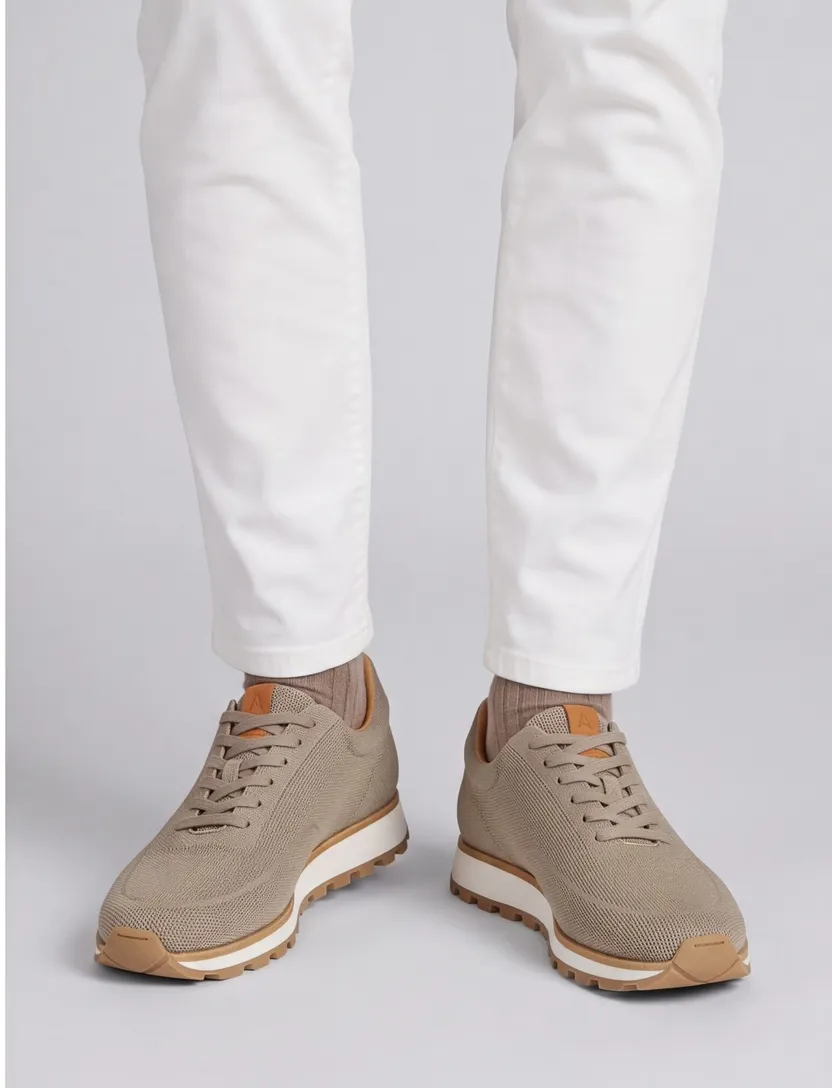 Beige sneaker Rehab textiel witte zool