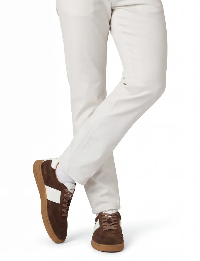 Suede sneaker Rehab donkerbruin leer wit accent