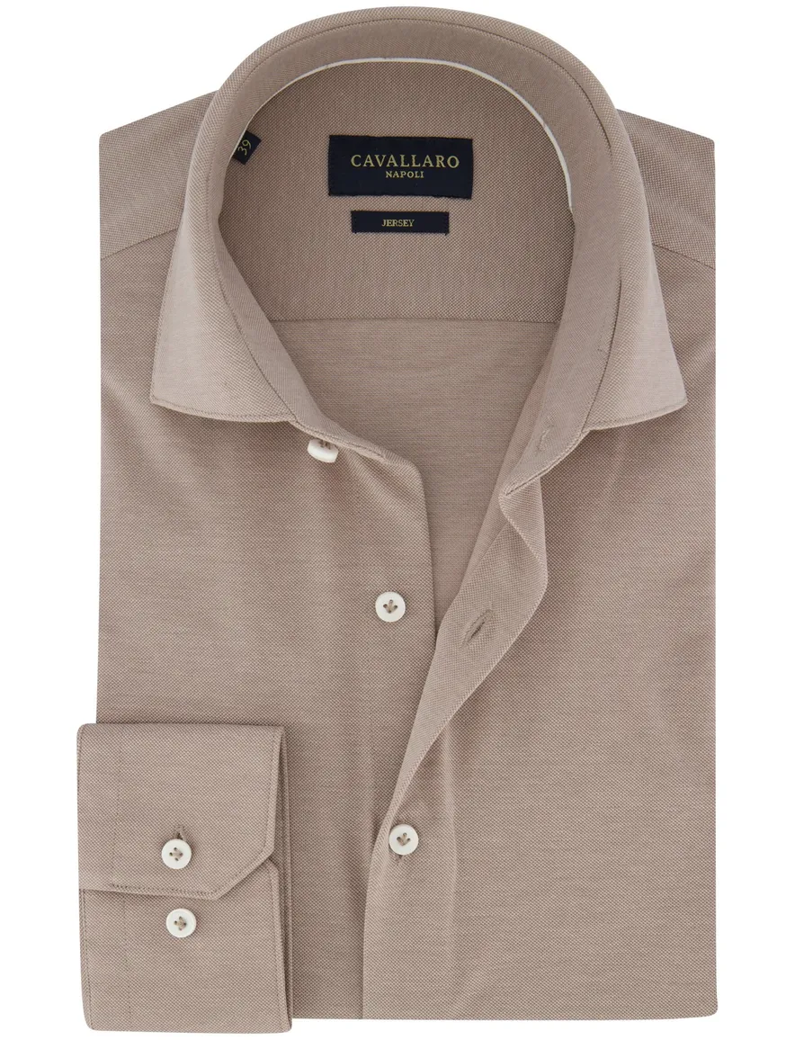 Cavallaro overhemd beige jersey wide spread boord